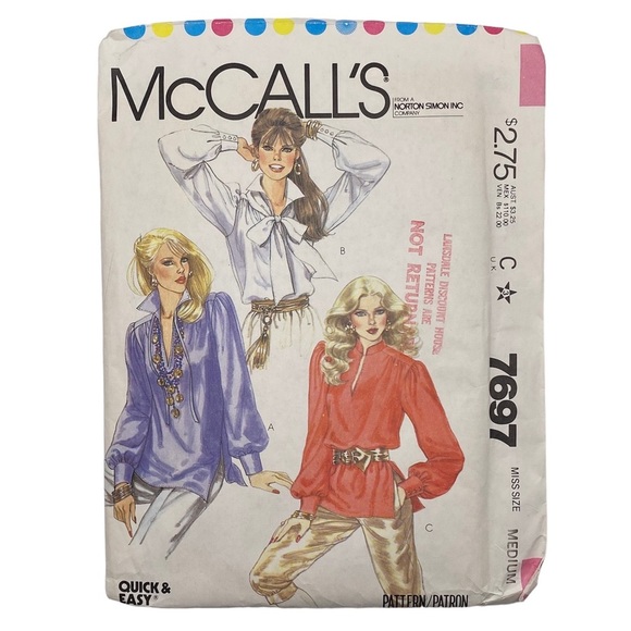 Vintage 1980s McCall’s Misses Top 7697 Pattern - Picture 1 of 2